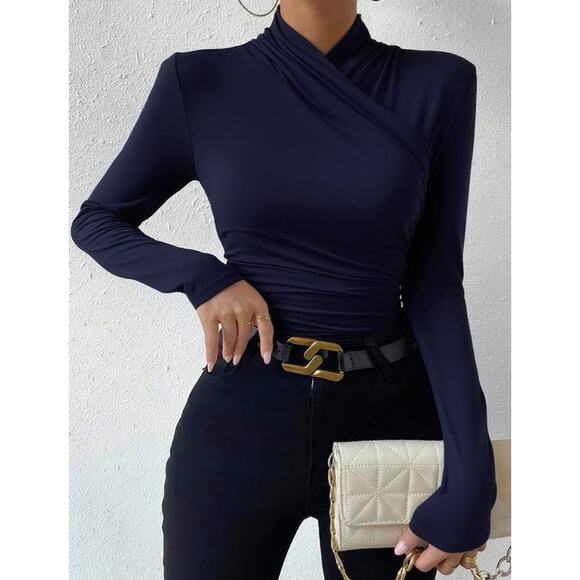 Commense Cross-Over Collar Cinched Long Sleeve Top Navy Blue Jersey NWT Size XL - Picture 2 of 6